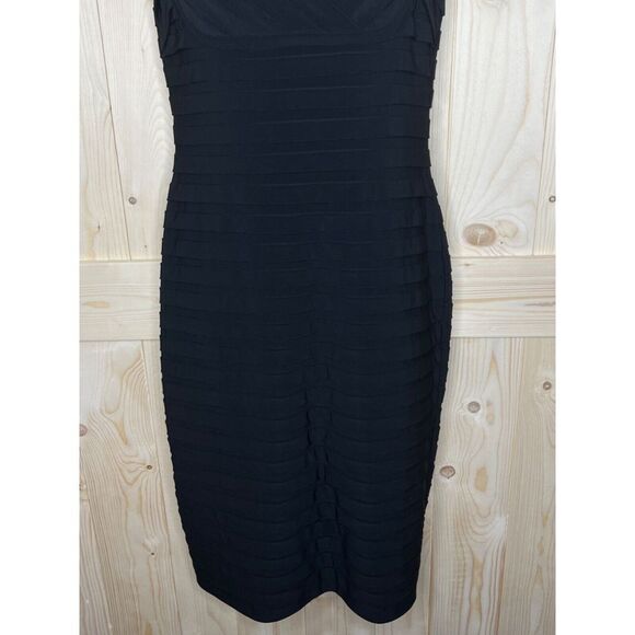 ADRIANNA PAPELL BLACK CAP SLEEVE STRETCHY KNEE LENGTH BANDAGE SHEATH DRESS 8 - Picture 3 of 12